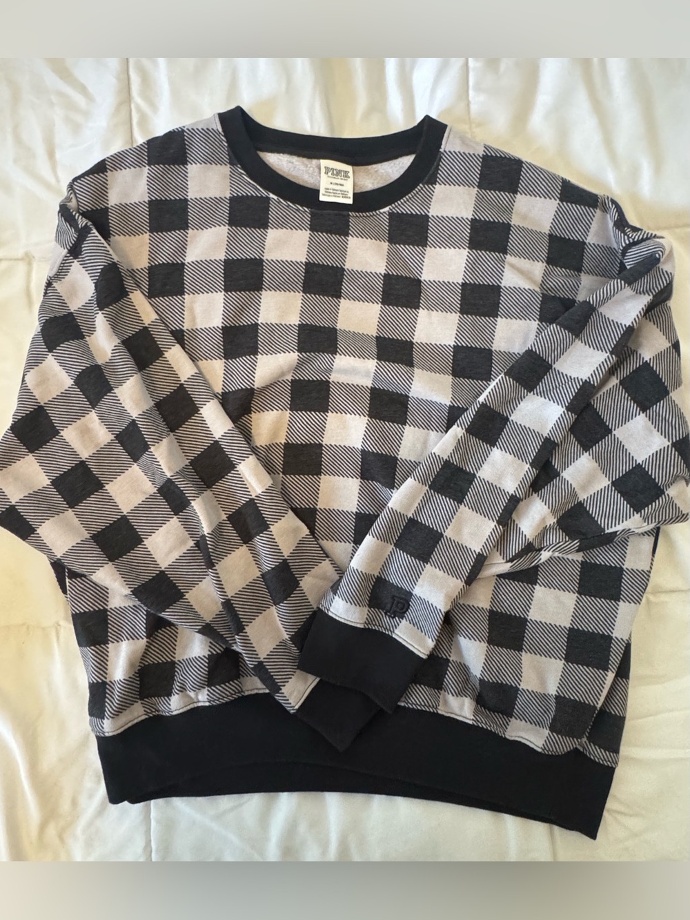 PINK Buffalo Check Crewneck Sweater - Black and Cream size Med